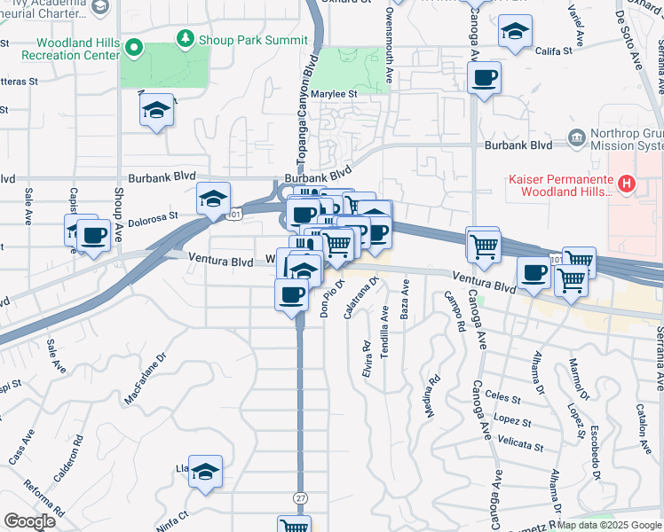 map of restaurants, bars, coffee shops, grocery stores, and more near 21928 Ventura Blvd in Los Angeles