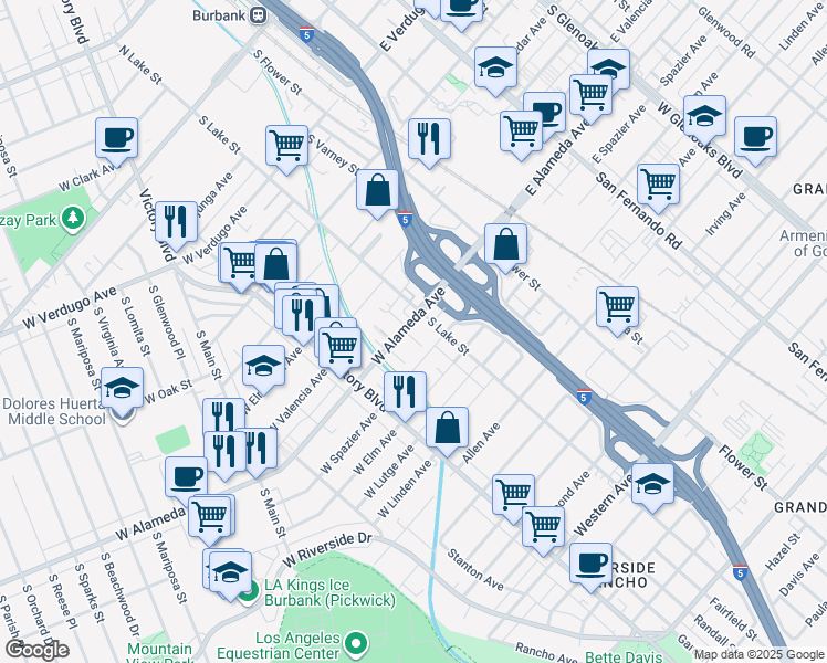 map of restaurants, bars, coffee shops, grocery stores, and more near 1002 South Bruce Lane in Burbank