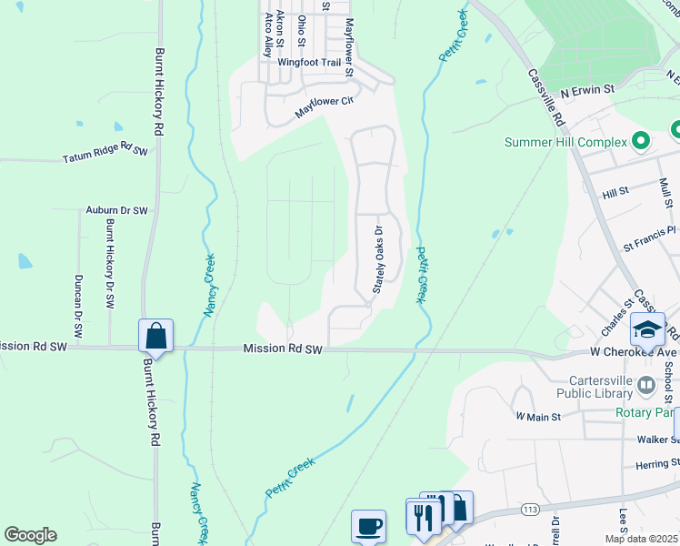 map of restaurants, bars, coffee shops, grocery stores, and more near 44 Westover Rd in Cartersville