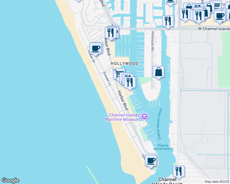 map of restaurants, bars, coffee shops, grocery stores, and more near 3520 Sunset Lane in Oxnard