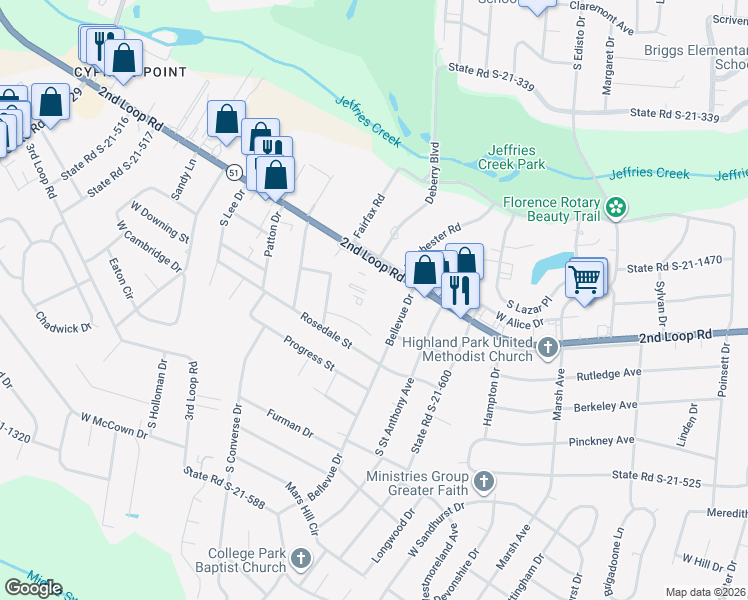 map of restaurants, bars, coffee shops, grocery stores, and more near 1714 2nd Loop Road in Florence