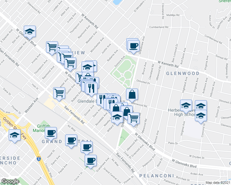 map of restaurants, bars, coffee shops, grocery stores, and more near 1335 5th Street in Glendale