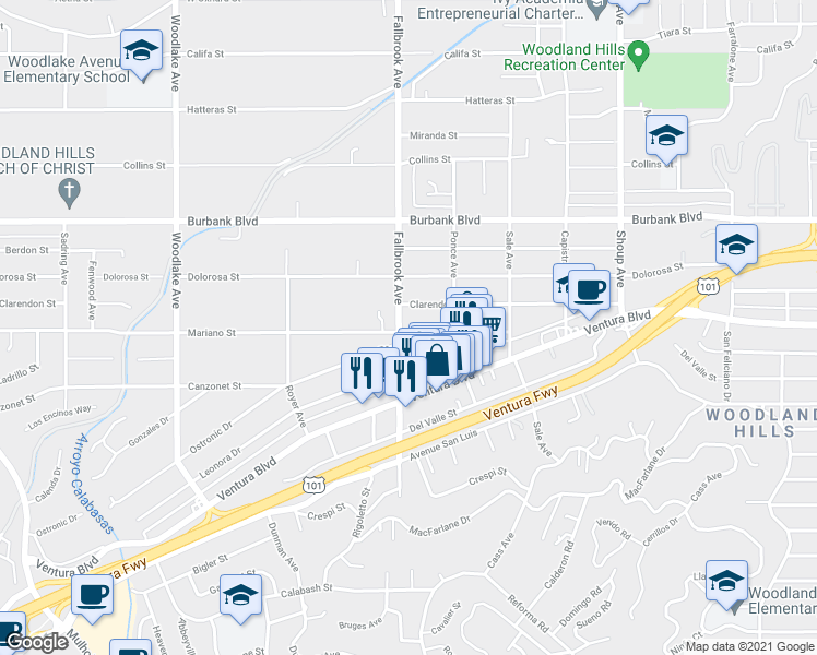 map of restaurants, bars, coffee shops, grocery stores, and more near 5402 Fallbrook Avenue in Los Angeles