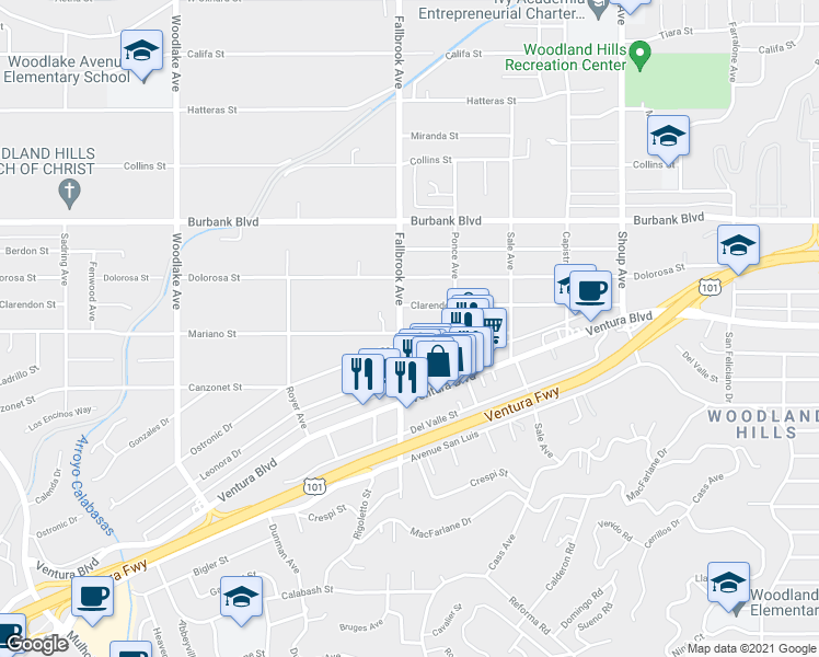 map of restaurants, bars, coffee shops, grocery stores, and more near 5402 Fallbrook Avenue in Woodland Hills