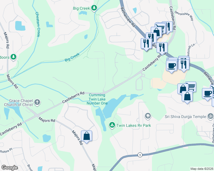 map of restaurants, bars, coffee shops, grocery stores, and more near 5890 Bluff Heights Drive in Cumming