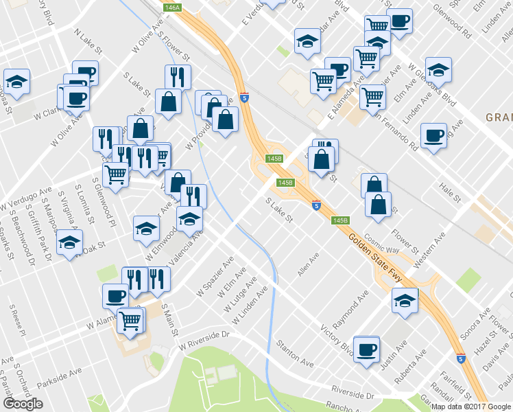 map of restaurants, bars, coffee shops, grocery stores, and more near 1002 South Bruce Lane in Burbank