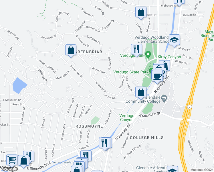 map of restaurants, bars, coffee shops, grocery stores, and more near 1510 Princess Drive in Glendale