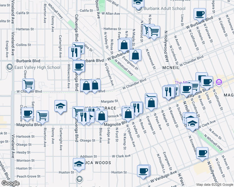map of restaurants, bars, coffee shops, grocery stores, and more near 4408 West Chandler Boulevard in Burbank