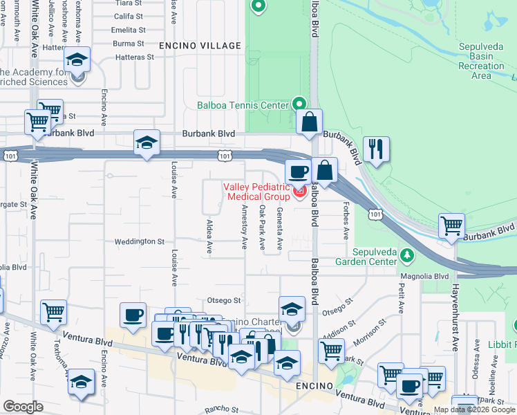 map of restaurants, bars, coffee shops, grocery stores, and more near 5345 Oak Park Avenue in Los Angeles