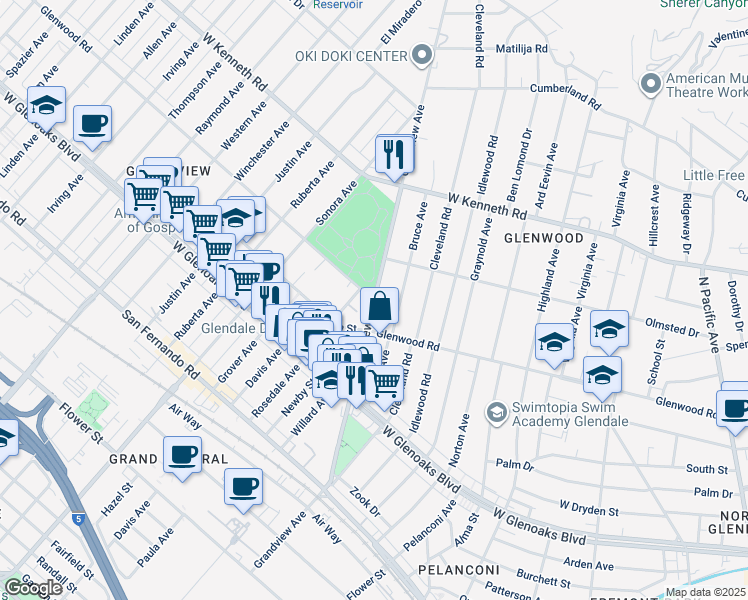 map of restaurants, bars, coffee shops, grocery stores, and more near 1328 Grandview Avenue in Glendale