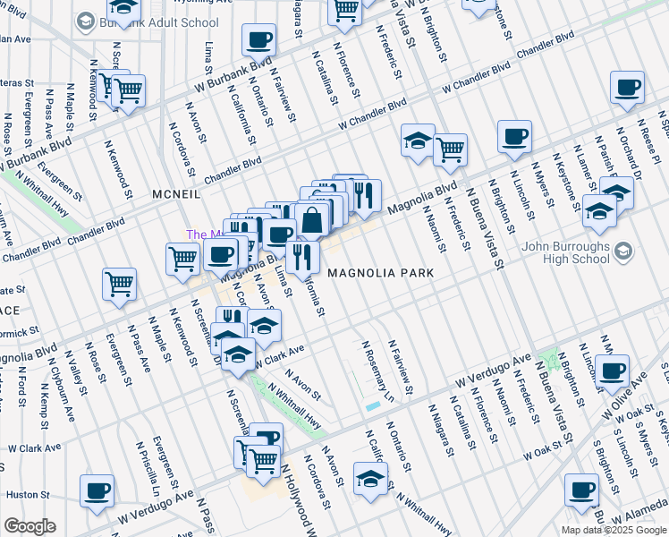 map of restaurants, bars, coffee shops, grocery stores, and more near 814 North Ontario Street in Burbank