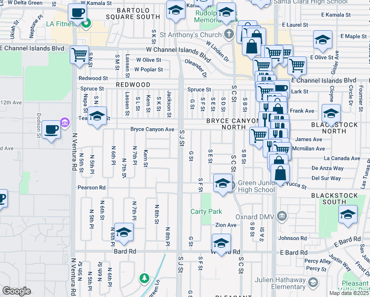 map of restaurants, bars, coffee shops, grocery stores, and more near 3440 South J Street in Oxnard