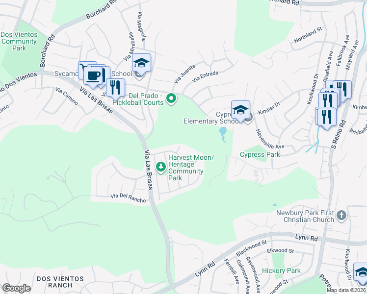 map of restaurants, bars, coffee shops, grocery stores, and more near 546 Camino Agua Dulce in Thousand Oaks