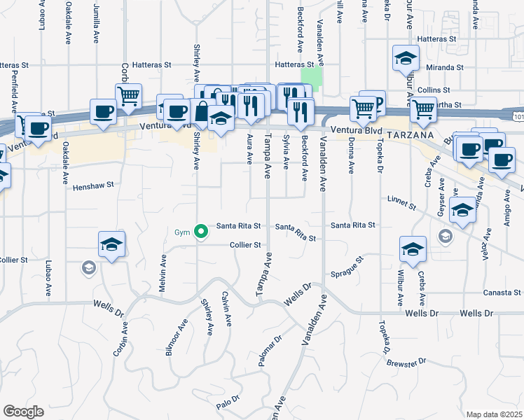 map of restaurants, bars, coffee shops, grocery stores, and more near 5349 Tampa Avenue in Los Angeles
