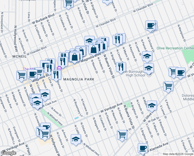 map of restaurants, bars, coffee shops, grocery stores, and more near 625 North Naomi Street in Burbank