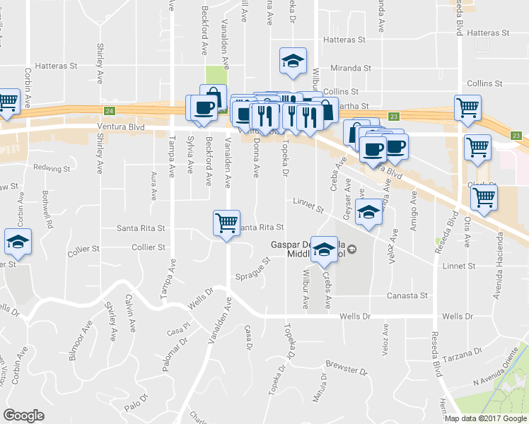 map of restaurants, bars, coffee shops, grocery stores, and more near 5350 Donna Avenue in Los Angeles