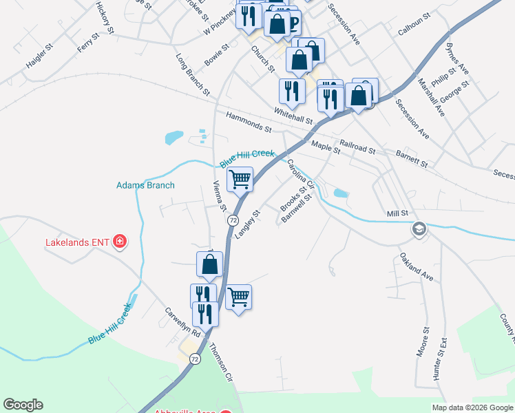 map of restaurants, bars, coffee shops, grocery stores, and more near 302 Langley Street in Abbeville