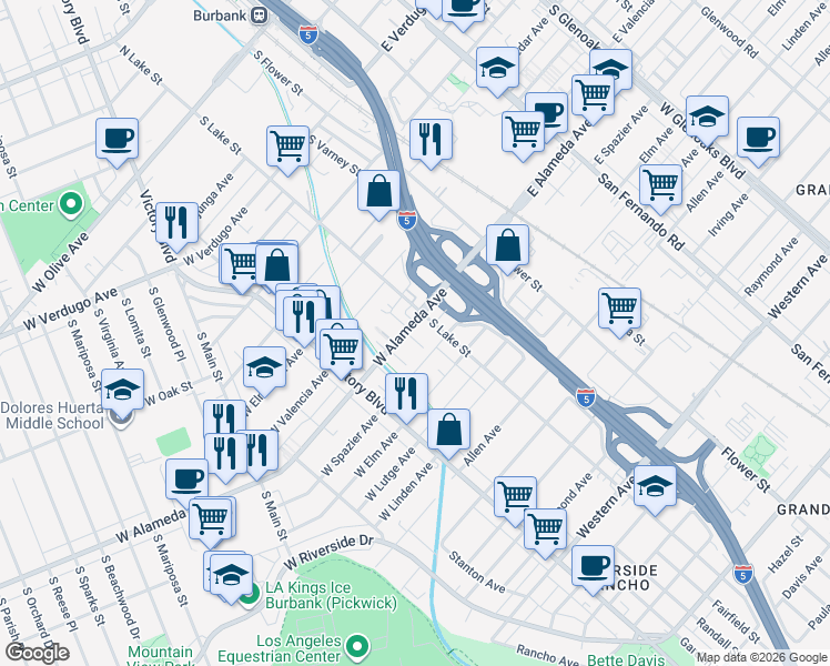 map of restaurants, bars, coffee shops, grocery stores, and more near 1002 South Bruce Lane in Burbank