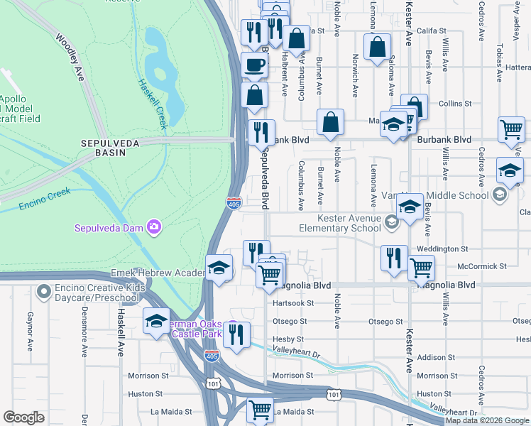 map of restaurants, bars, coffee shops, grocery stores, and more near Sepulveda Blvd & Clark St in Sherman Oaks