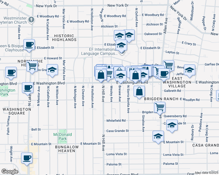 map of restaurants, bars, coffee shops, grocery stores, and more near 1299 Wesley Avenue in Pasadena