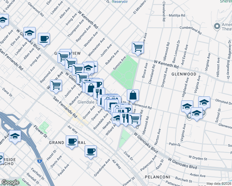 map of restaurants, bars, coffee shops, grocery stores, and more near 1331 5th Street in Glendale
