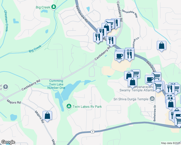 map of restaurants, bars, coffee shops, grocery stores, and more near 5945 Redstone Way in Cumming