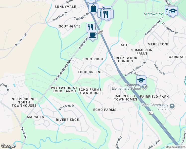 map of restaurants, bars, coffee shops, grocery stores, and more near 3972 Echo Farms Boulevard in Wilmington