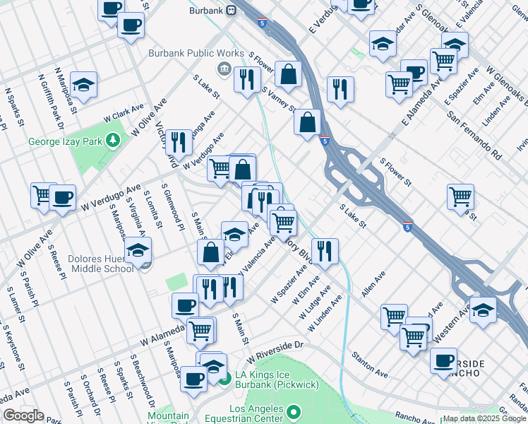 map of restaurants, bars, coffee shops, grocery stores, and more near 724 South Victory Boulevard in Burbank