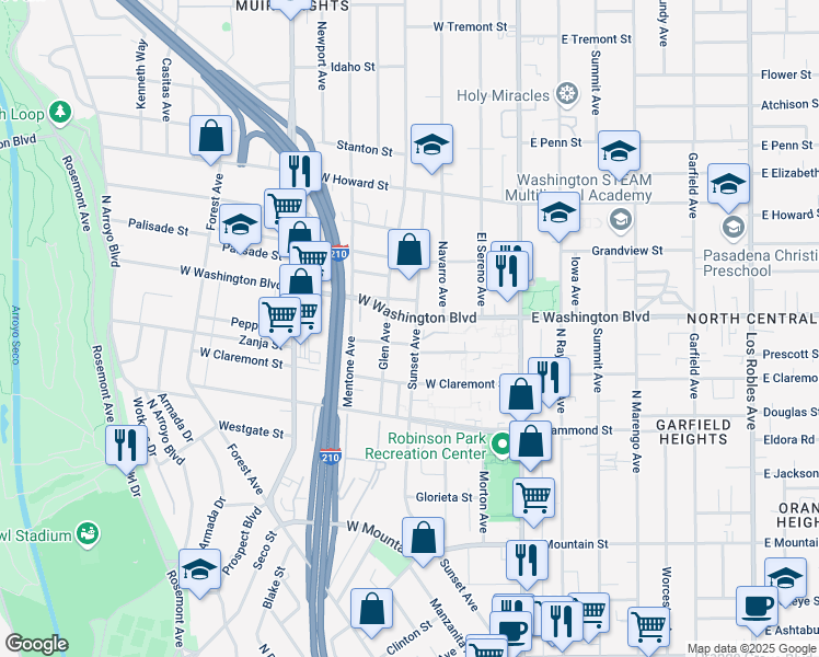 map of restaurants, bars, coffee shops, grocery stores, and more near 1323 Sunset Avenue in Pasadena