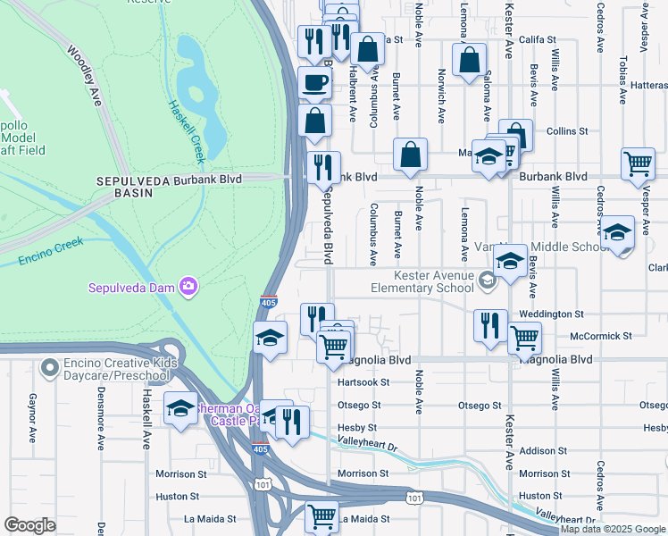map of restaurants, bars, coffee shops, grocery stores, and more near 5700 North Sepulveda Boulevard in Los Angeles