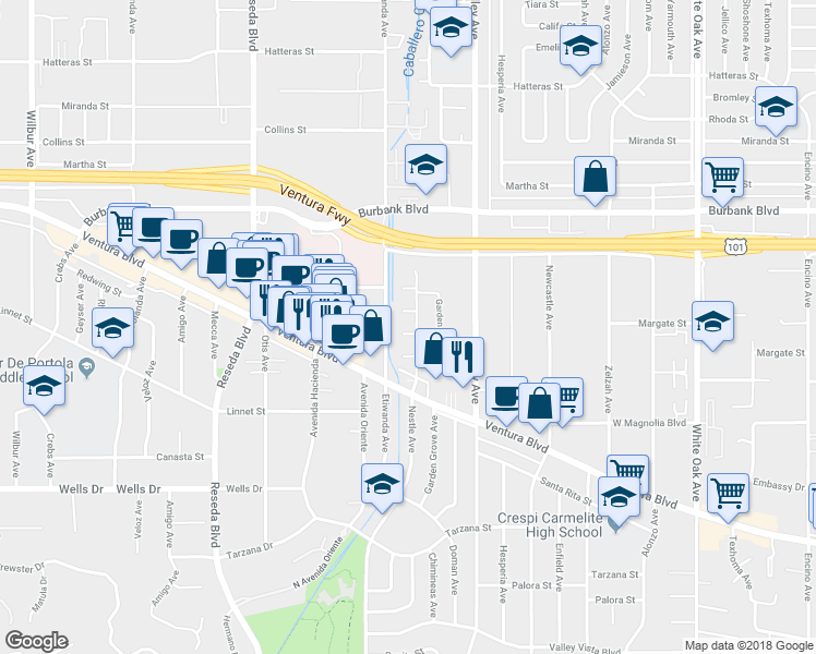 map of restaurants, bars, coffee shops, grocery stores, and more near 18227 Weddington St in Los Angeles