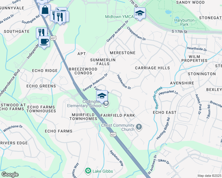 map of restaurants, bars, coffee shops, grocery stores, and more near 4309 Jonathan Court in Wilmington
