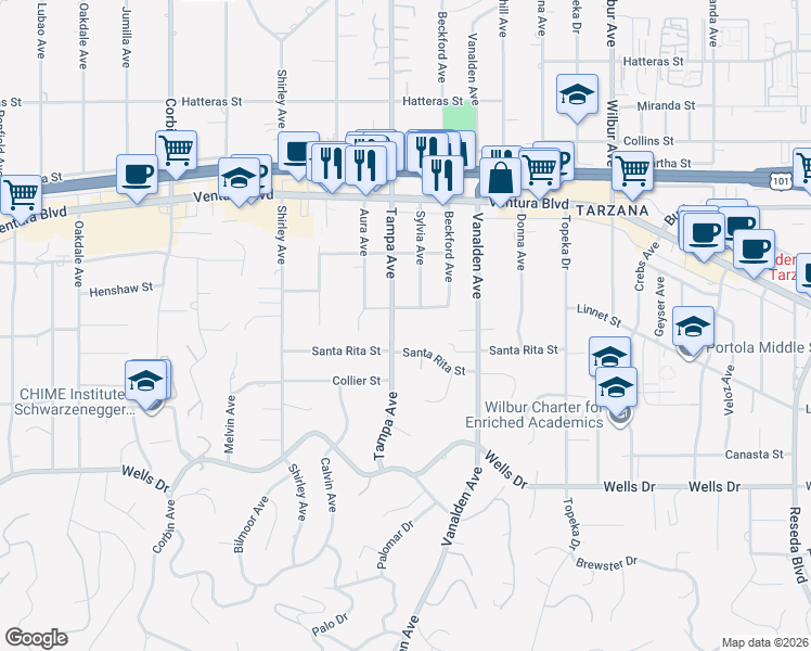 map of restaurants, bars, coffee shops, grocery stores, and more near 5352 Tampa Avenue in Los Angeles