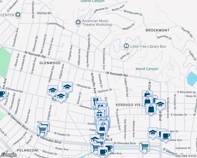 map of restaurants, bars, coffee shops, grocery stores, and more near 1443 Dorothy Drive in Glendale