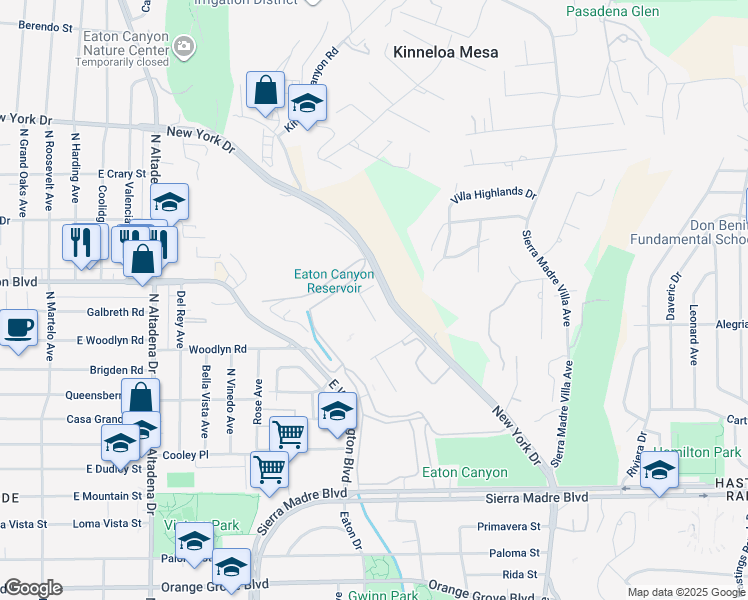 map of restaurants, bars, coffee shops, grocery stores, and more near 2947 Bradley Street in Pasadena