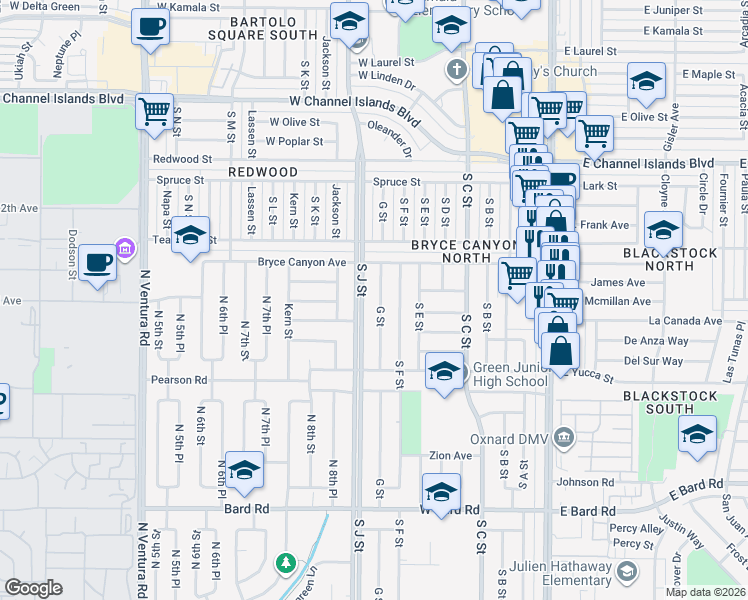 map of restaurants, bars, coffee shops, grocery stores, and more near 3511 G Street in Oxnard
