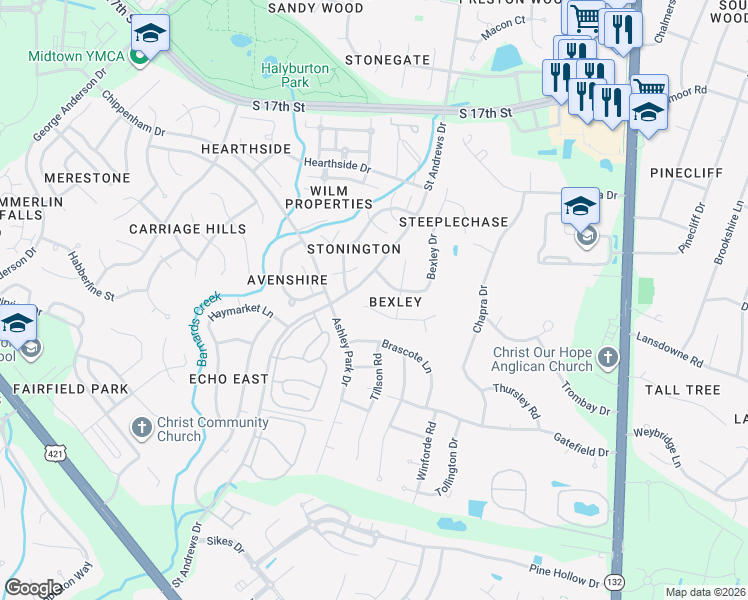 map of restaurants, bars, coffee shops, grocery stores, and more near 4305 Fireside Court in Wilmington