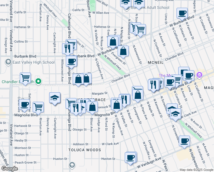map of restaurants, bars, coffee shops, grocery stores, and more near 4408 West Chandler Boulevard in Burbank