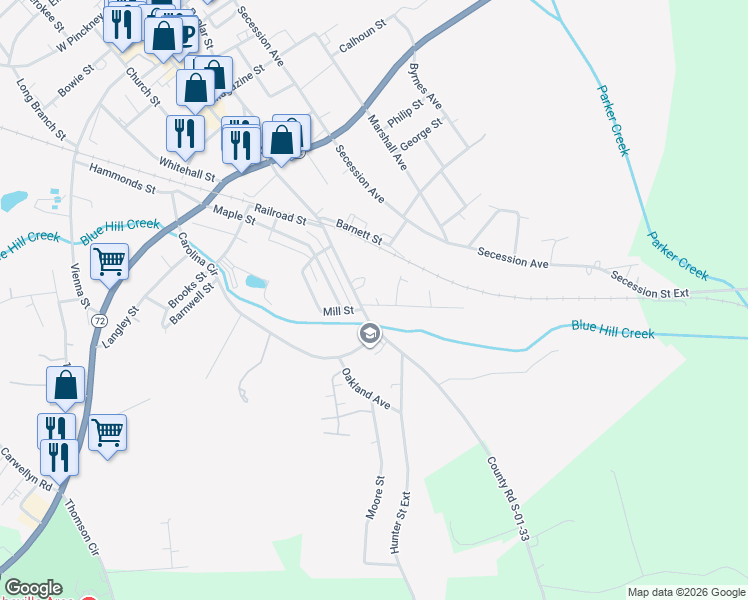 map of restaurants, bars, coffee shops, grocery stores, and more near 101 Perry Street in Abbeville