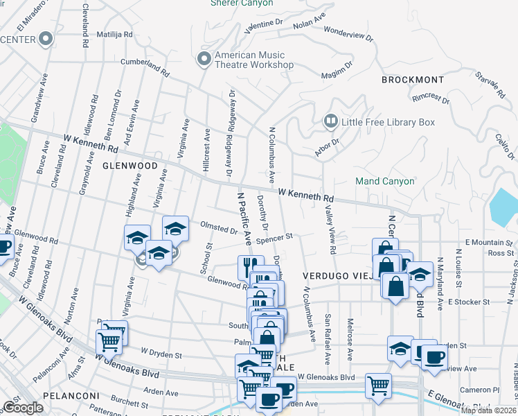map of restaurants, bars, coffee shops, grocery stores, and more near 1443 Dorothy Drive in Glendale