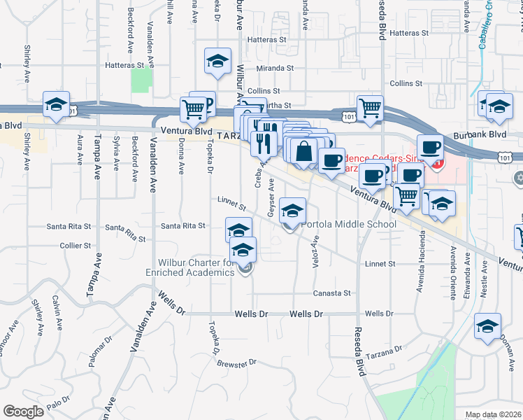 map of restaurants, bars, coffee shops, grocery stores, and more near 5356 Crebs Avenue in Los Angeles