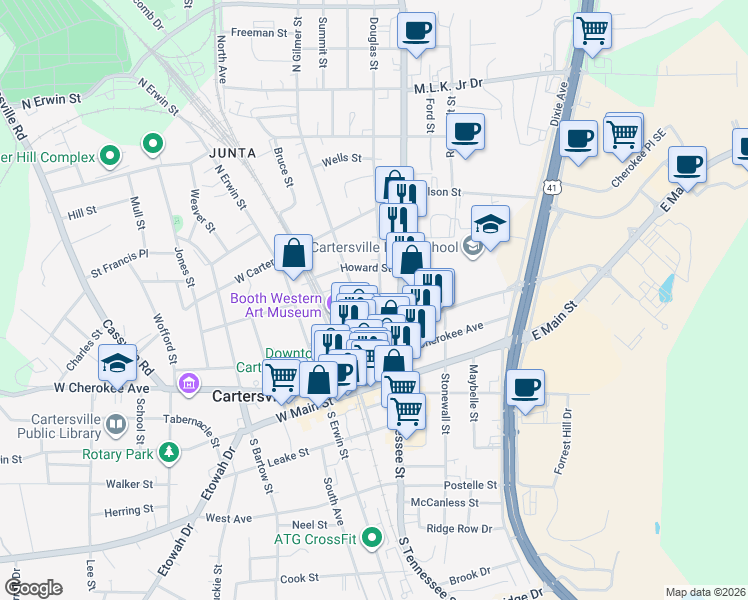 map of restaurants, bars, coffee shops, grocery stores, and more near 14 Douglas Street in Cartersville