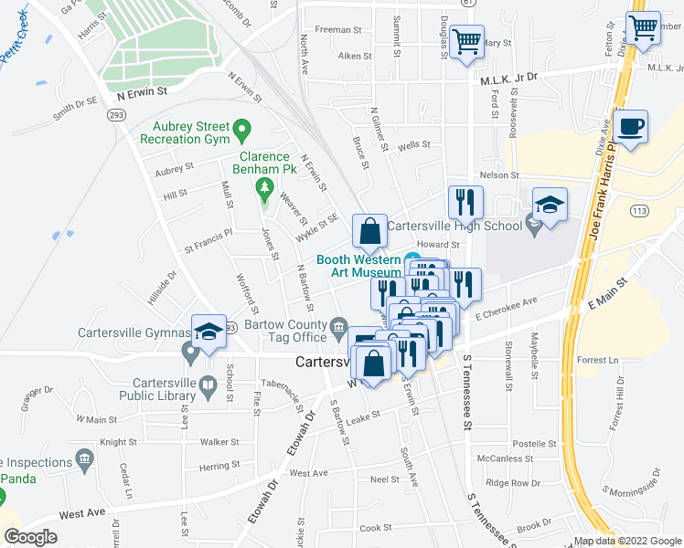 map of restaurants, bars, coffee shops, grocery stores, and more near 11 Tumlin Street in Cartersville