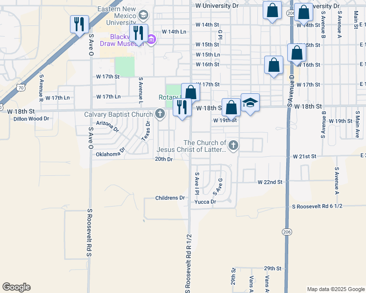map of restaurants, bars, coffee shops, grocery stores, and more near 2001 South Avenue I in Portales