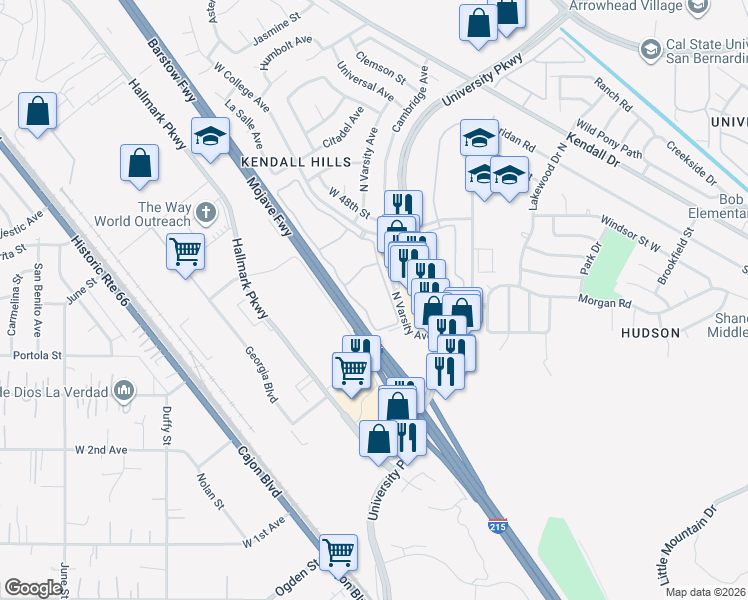 map of restaurants, bars, coffee shops, grocery stores, and more near 4420 North Varsity Avenue in San Bernardino