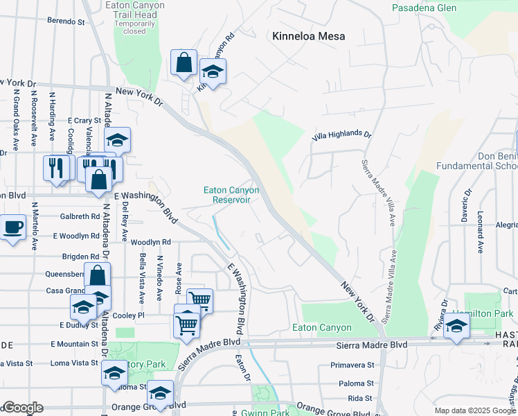 map of restaurants, bars, coffee shops, grocery stores, and more near 2947 Bradley Street in Pasadena