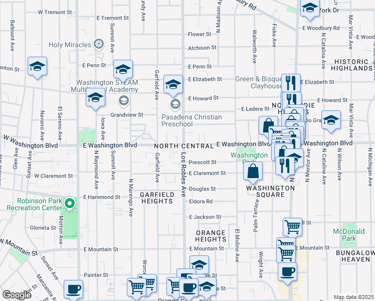 map of restaurants, bars, coffee shops, grocery stores, and more near in Pasadena