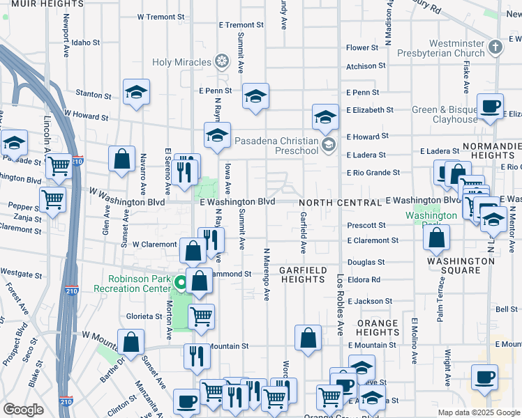 map of restaurants, bars, coffee shops, grocery stores, and more near 1318 North Marengo Avenue in Pasadena