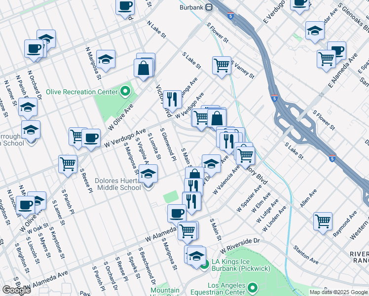 map of restaurants, bars, coffee shops, grocery stores, and more near 521 South Main Street in Burbank