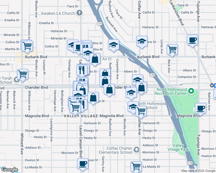map of restaurants, bars, coffee shops, grocery stores, and more near in Los Angeles